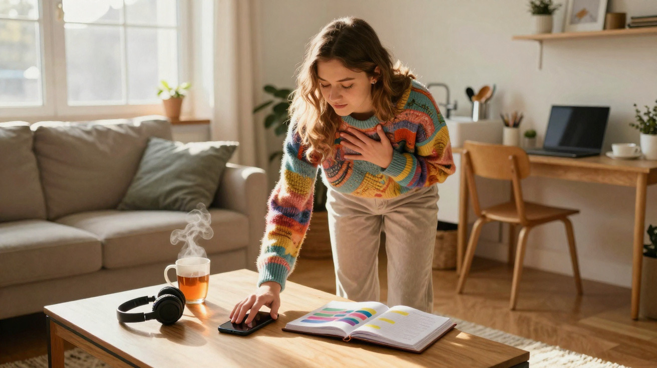 Mulher jovem de sweater colorido pega um telemóvel na mesa da sala com chá quente e auscultadores.