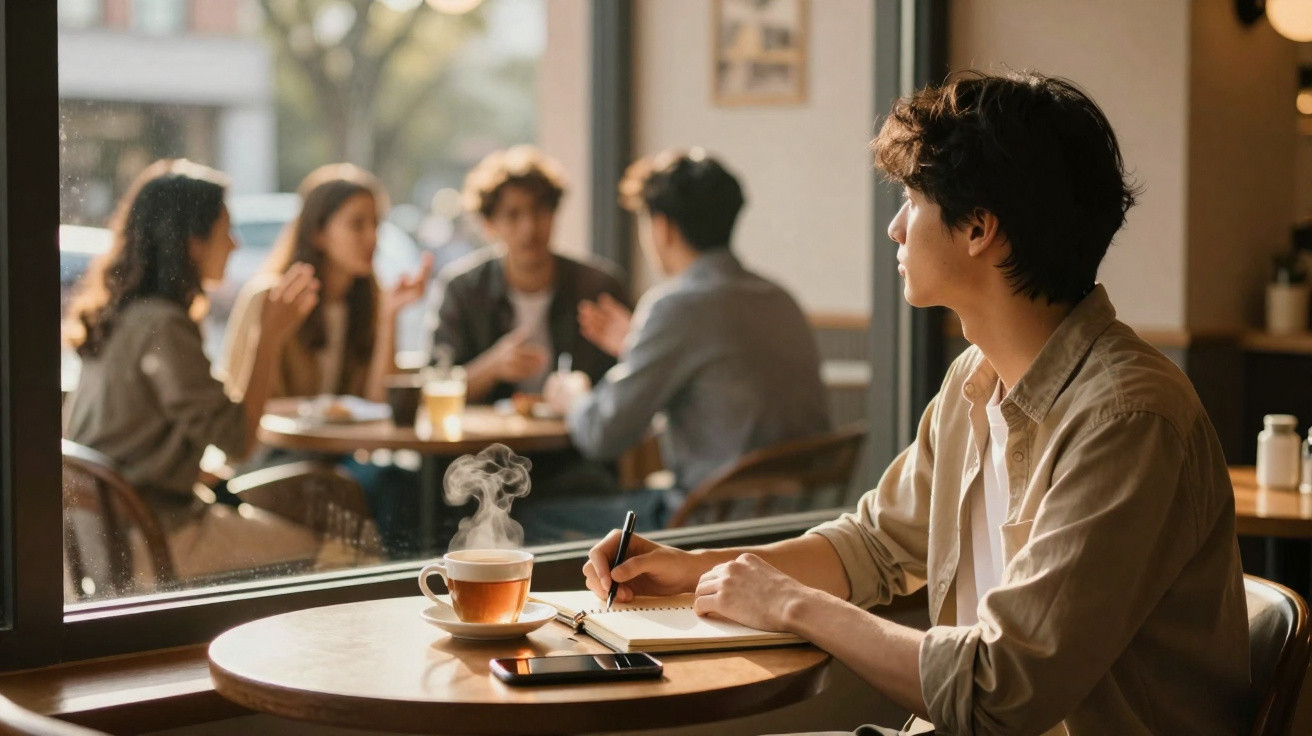 Jovem sentado junto a uma janela num café, escrevendo num caderno com chá quente ao lado.