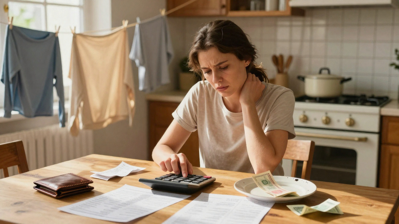 Mulher preocupada a calcular despesas com calculadora e documentos numa cozinha.