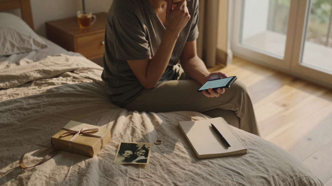 Pessoa sentada na cama, segurando telemóvel, com anel, caderno, caneta, fotografia e presente na cama.