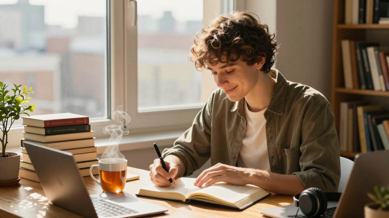 Jovem a estudar e escrever num caderno junto a janela, com chá, computador e livros à sua volta.