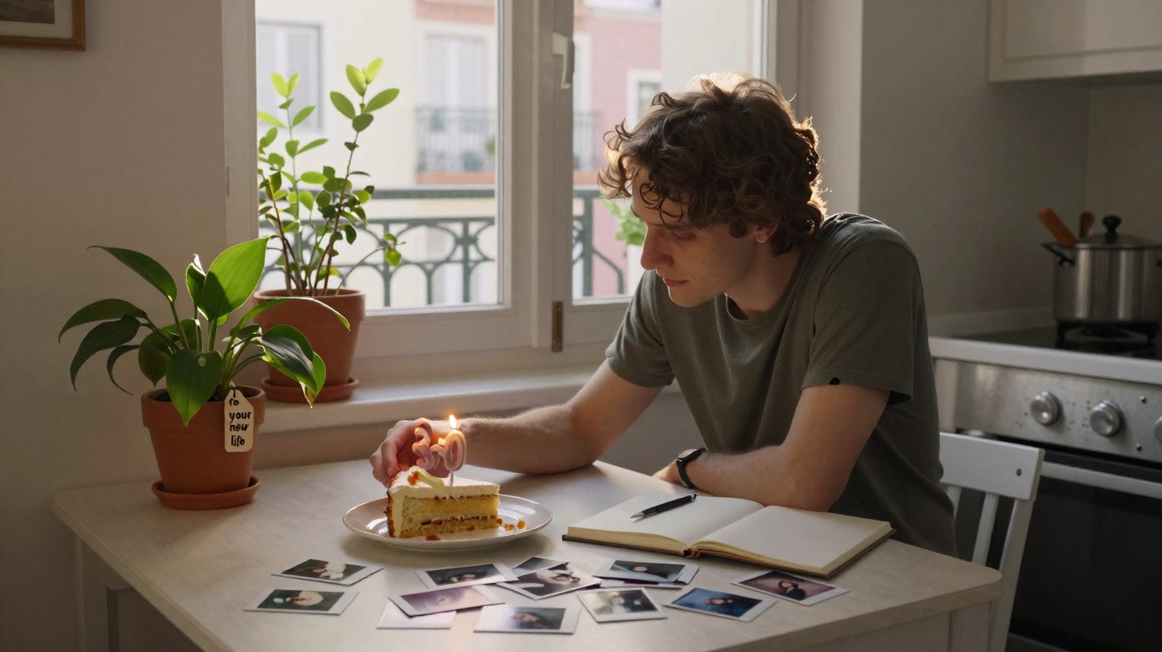 Jovem sentado à mesa com fatia de bolo e fotografias, acendendo vela de aniversário no interior iluminado.