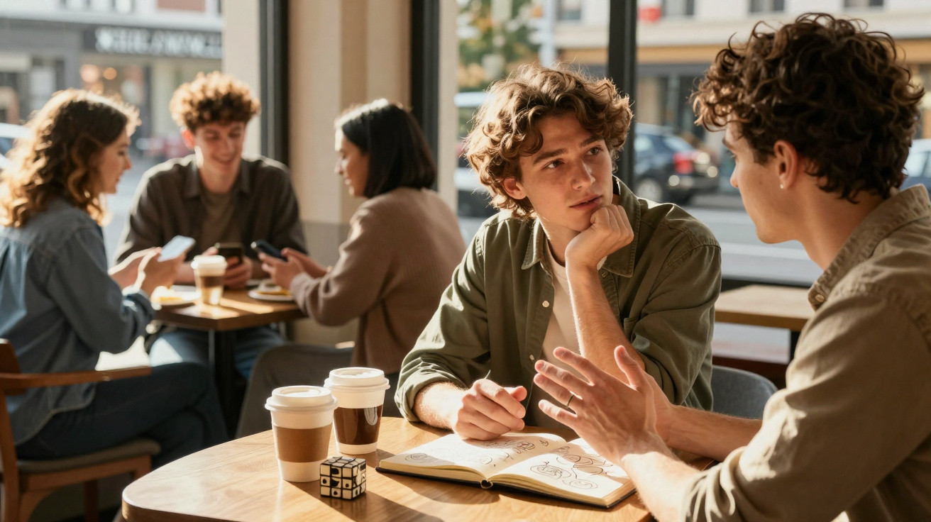 Dois jovens sentados numa mesa de café, a conversar, com bloco de notas e café à frente.