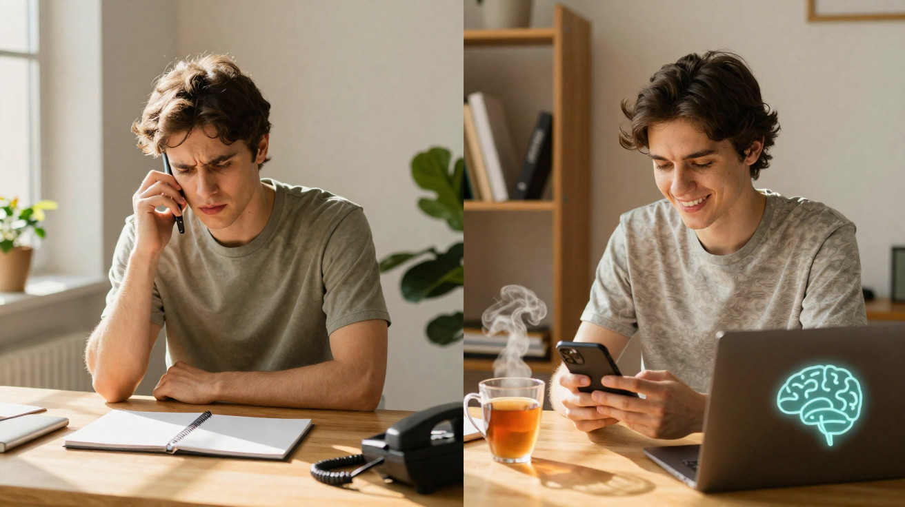 Homem jovem com camiseta cinza em duas situações: ao telefone e a sorrir ao usar telemóvel junto a computador portátil.