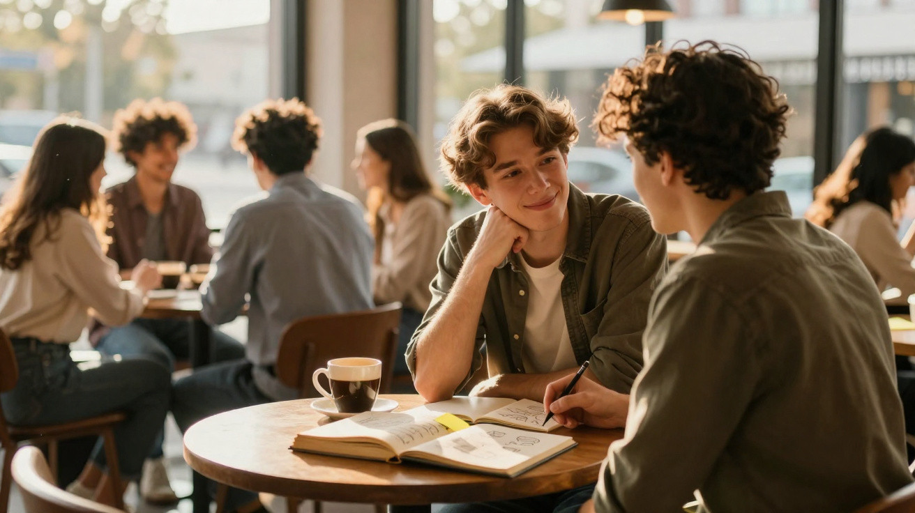 Dois jovens sentados à mesa de um café com livros e cadernos, conversando e sorrindo.