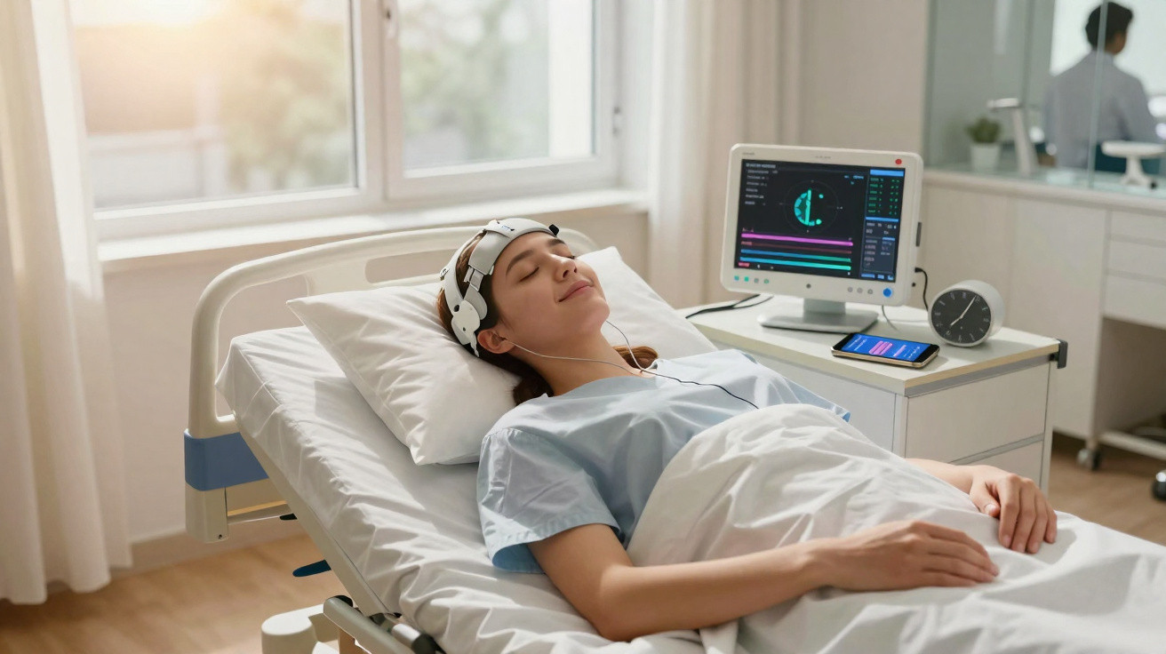 Mulher deitada em cama de hospital a fazer exame cerebral com eletrodos, monitor e luz natural na sala.