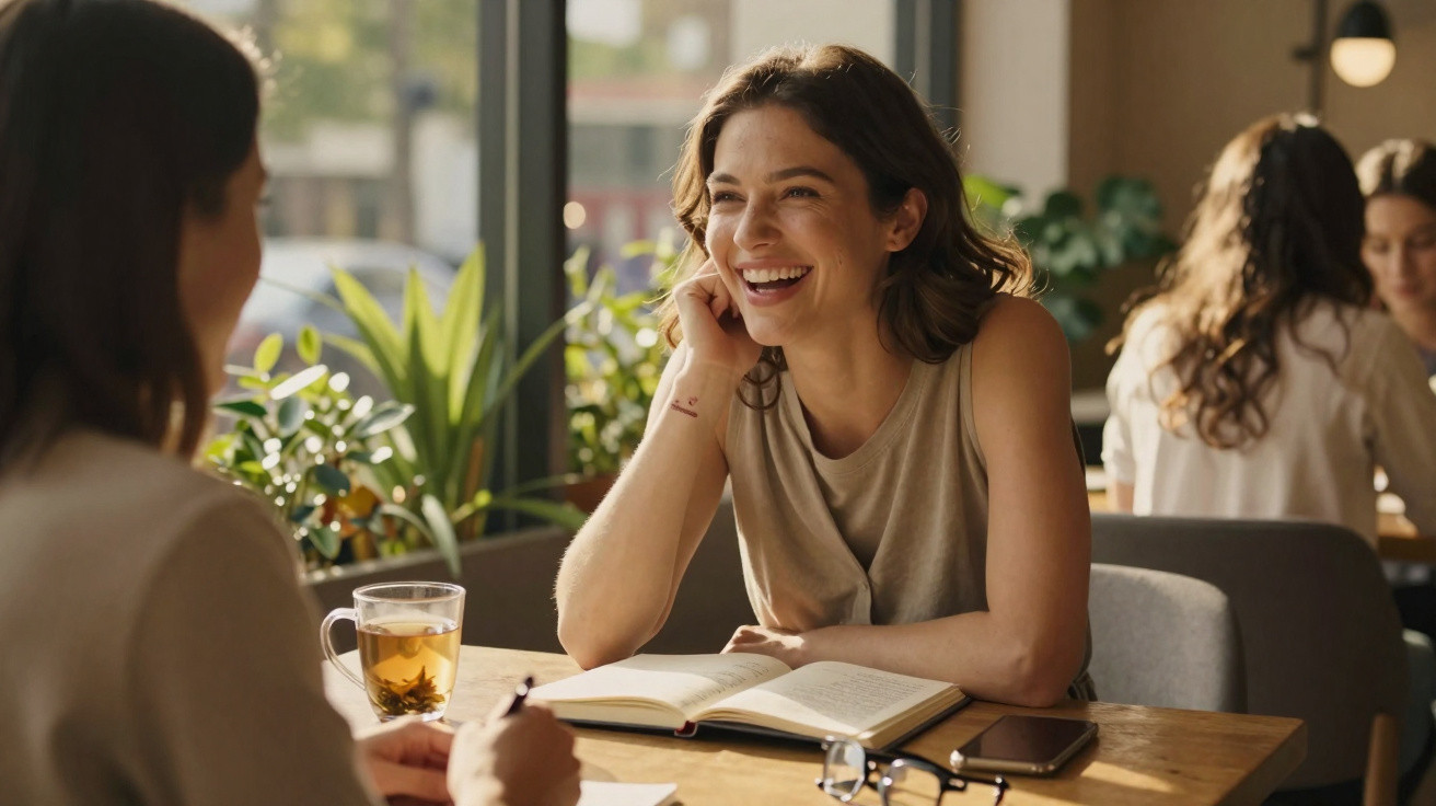 Duas mulheres conversam animadamente num café, com caderno, chá, telemóvel e óculos sobre a mesa.