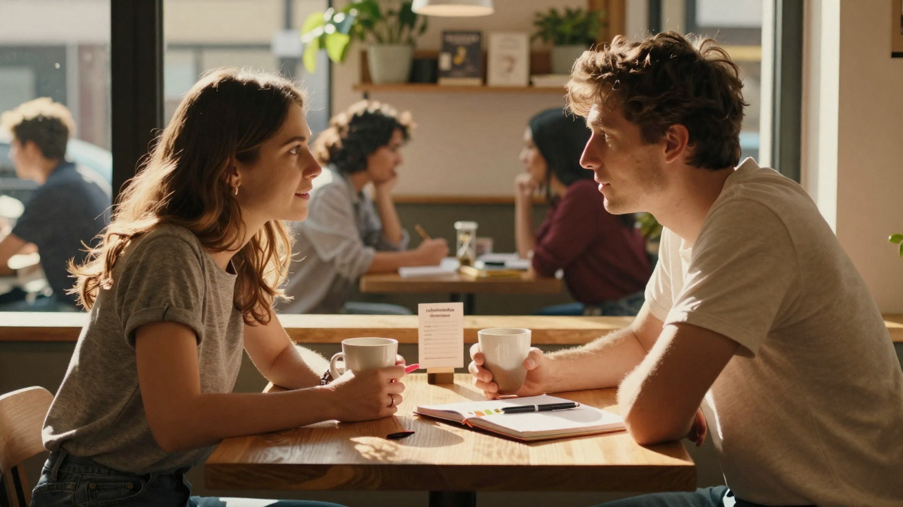 Casal jovem sentado à mesa em café, conversando e segurando chávenas, com luz natural suave.