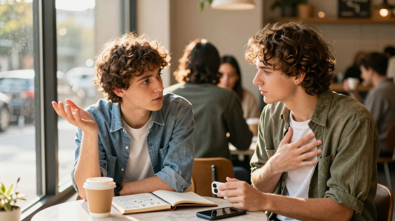 Dois jovens sentados num café, envolvidos em conversa enquanto olham-se seriamente.