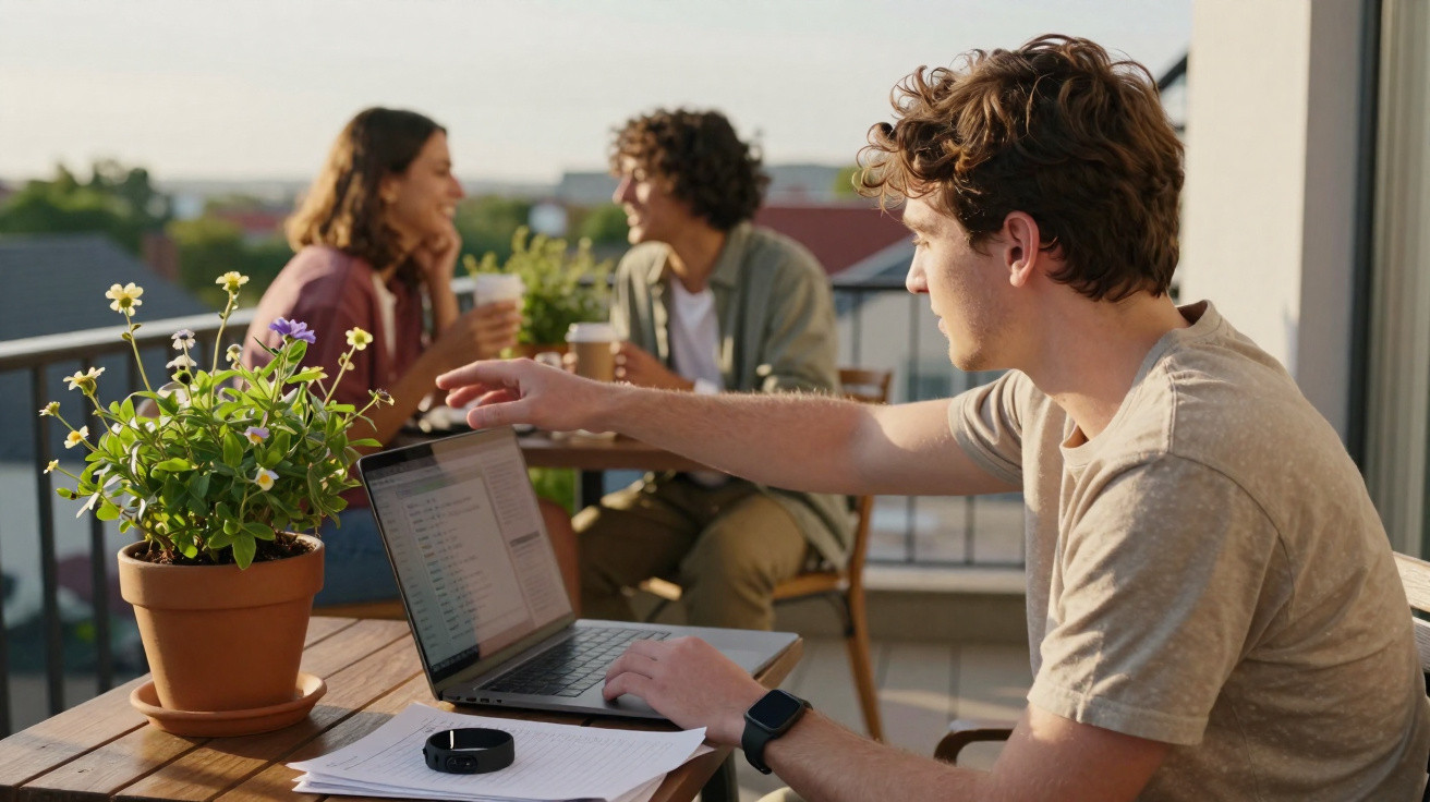 Jovem a trabalhar num computador portátil numa varanda enquanto duas pessoas conversam ao fundo.