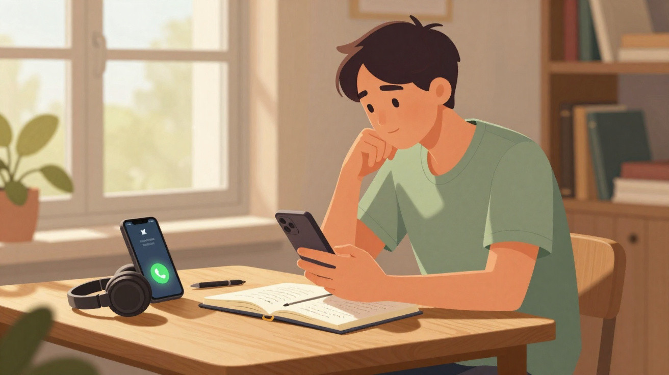 Jovem sentado a estudar com smartphone e chamada recebida num outro telemóvel numa mesa de madeira.