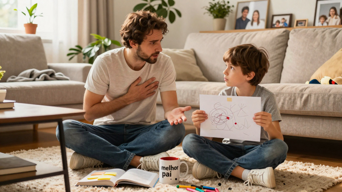 Pai e filho sentados no chão da sala a conversar, o menino mostra um desenho ao pai atento.