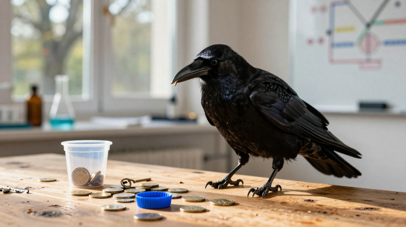 Gaivota preta em cima de uma mesa de madeira com moedas, tampas e objectos pequenos espalhados.