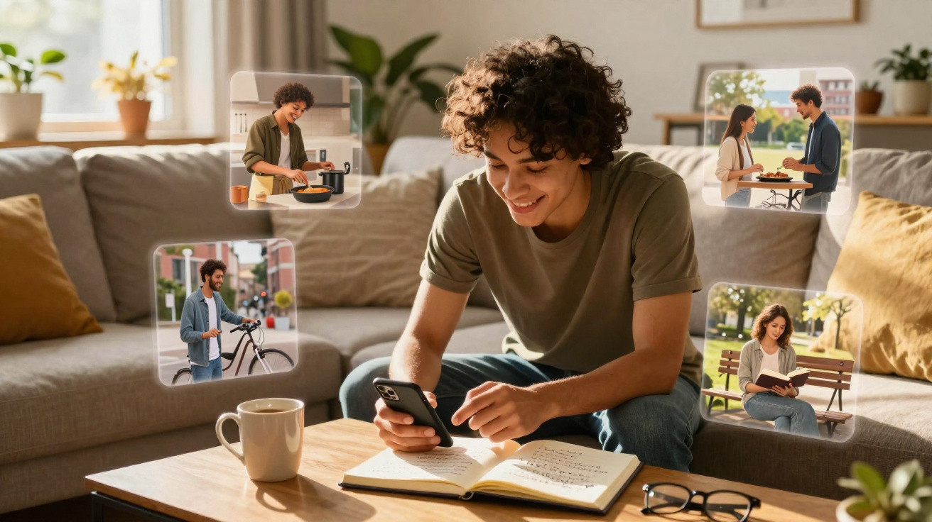 Jovem sentado no sofá a usar telemóvel e anotar num caderno, com várias actividades mostradas em balões digitais.