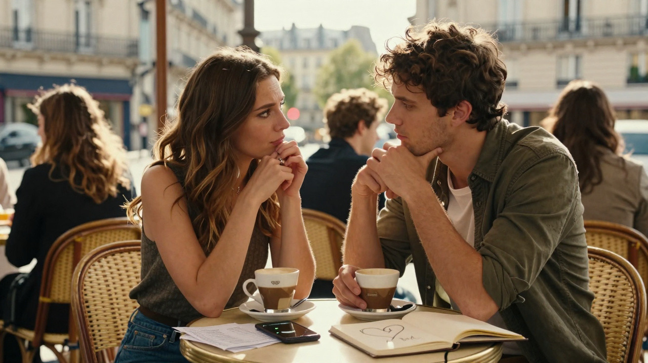 Casal conversa numa esplanada urbana, ambos sentados a uma mesa com café e bloco de notas.