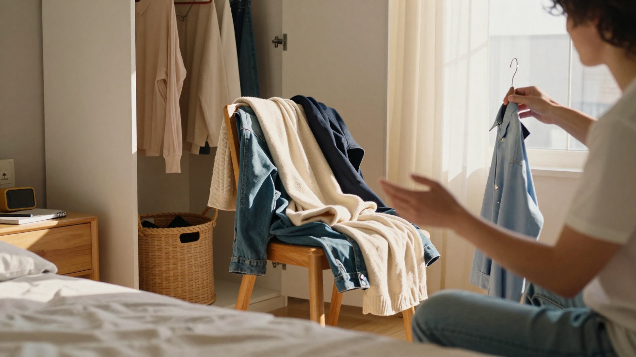 Quarto iluminado com cadeira cheia de roupa, cabide com camisa azul na mão de pessoa sentada.