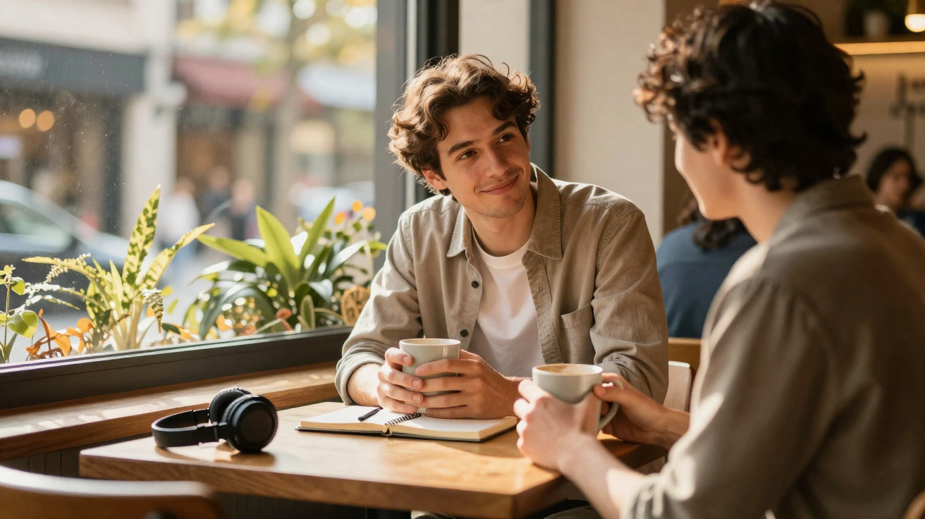 Duas pessoas conversam e bebem café numa mesa junto à janela de um café acolhedor.