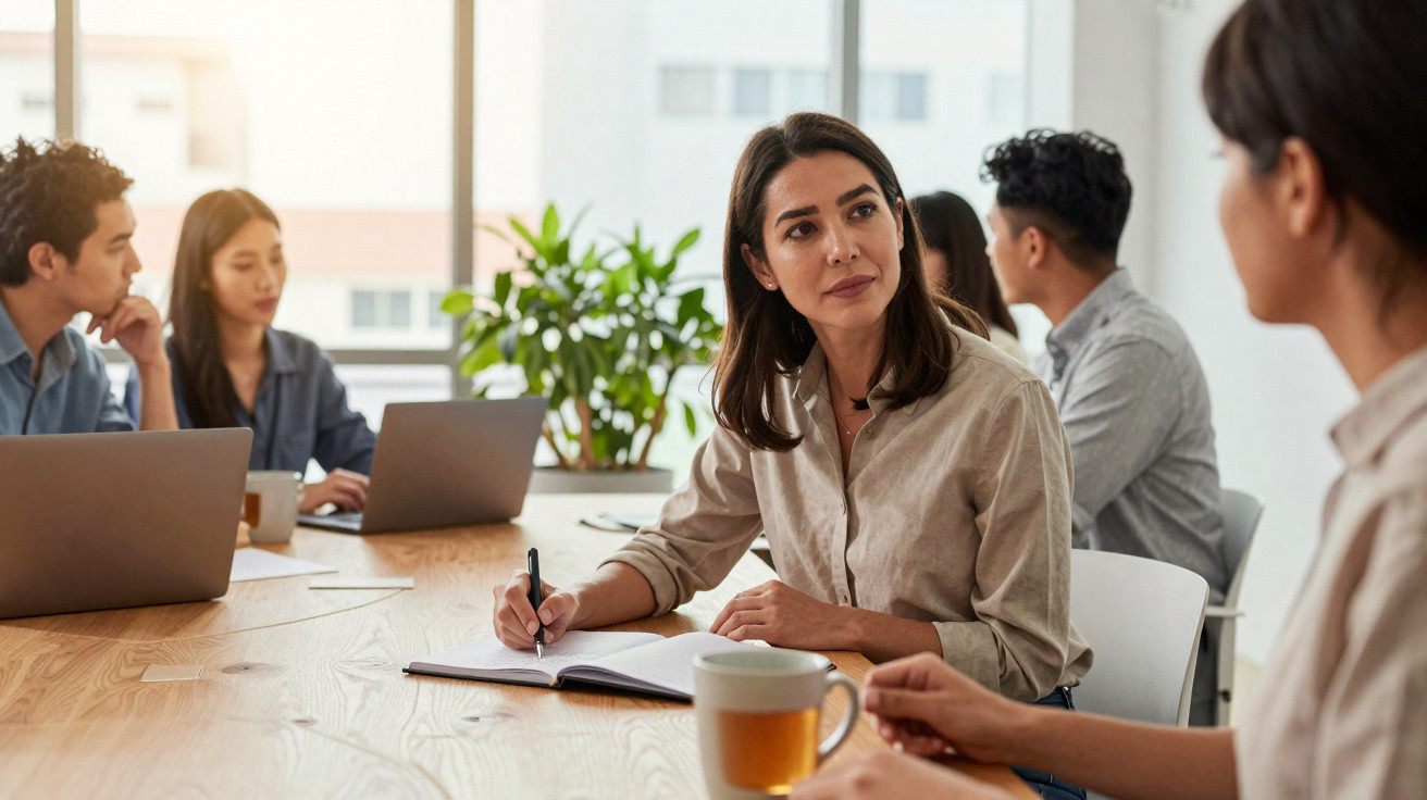 Reunião de trabalho com cinco pessoas sentadas à volta de uma mesa conversando e a usar computadores portáteis.