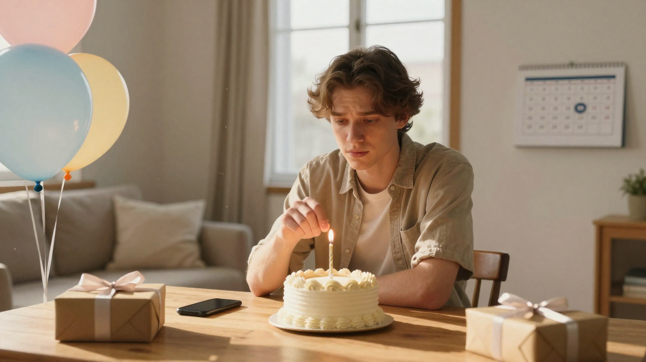 Jovem apagando vela de bolo de aniversário sozinho numa sala com balões e presentes numa mesa de madeira.