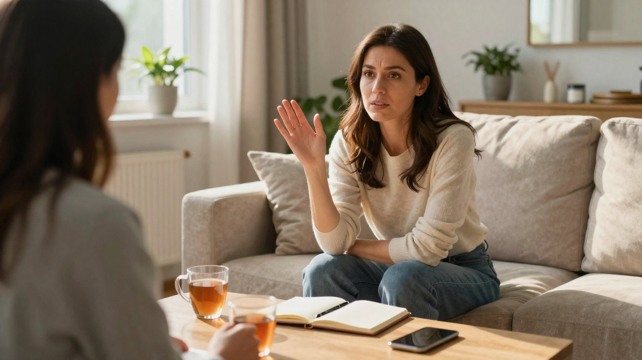 Duas mulheres sentadas no sofá a conversar, com chá e caderno na mesa à frente.