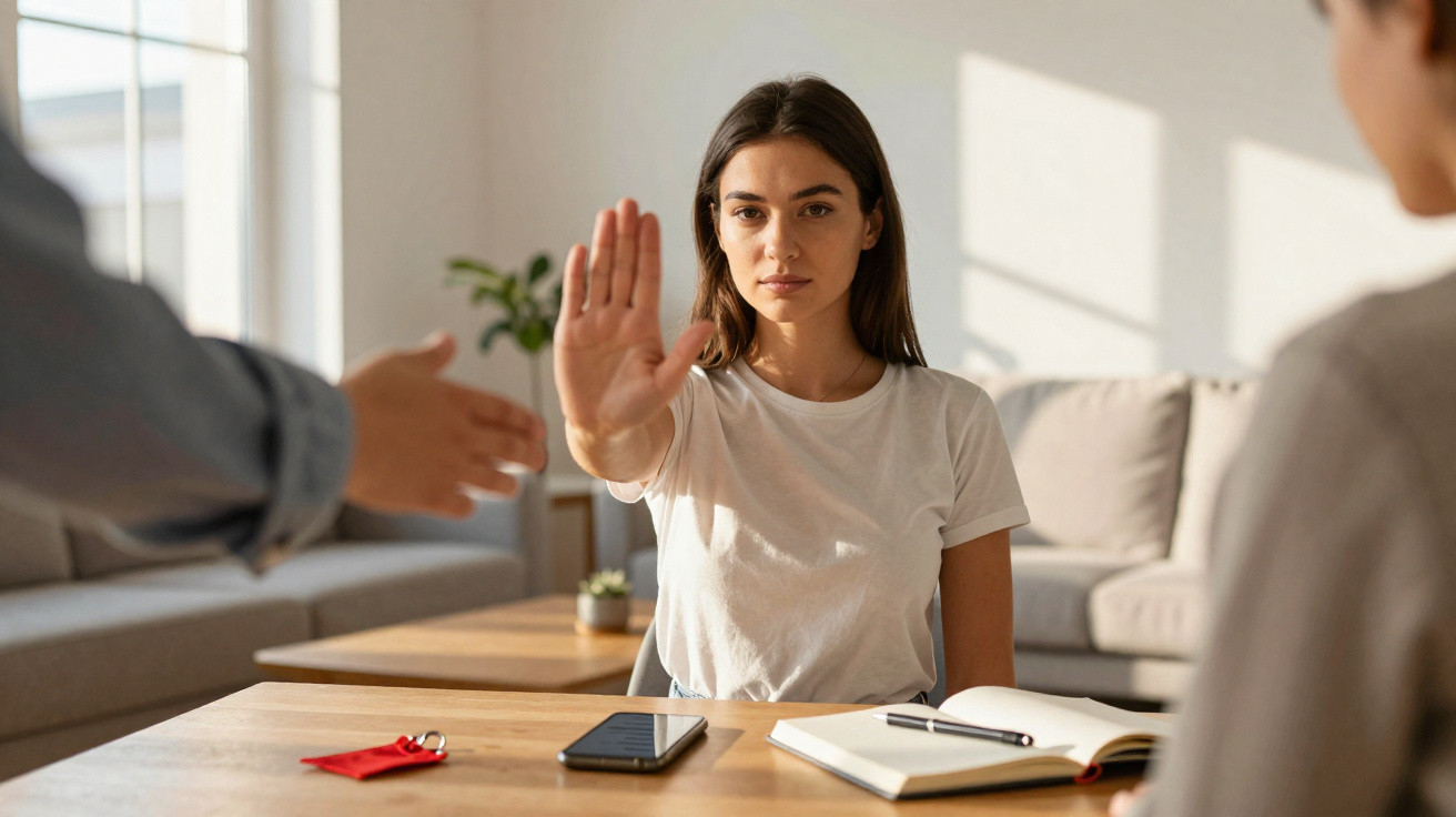 Mulher recusa aperto de mão com gesto de paragem, sentada à mesa com caderno e telemóvel à frente.