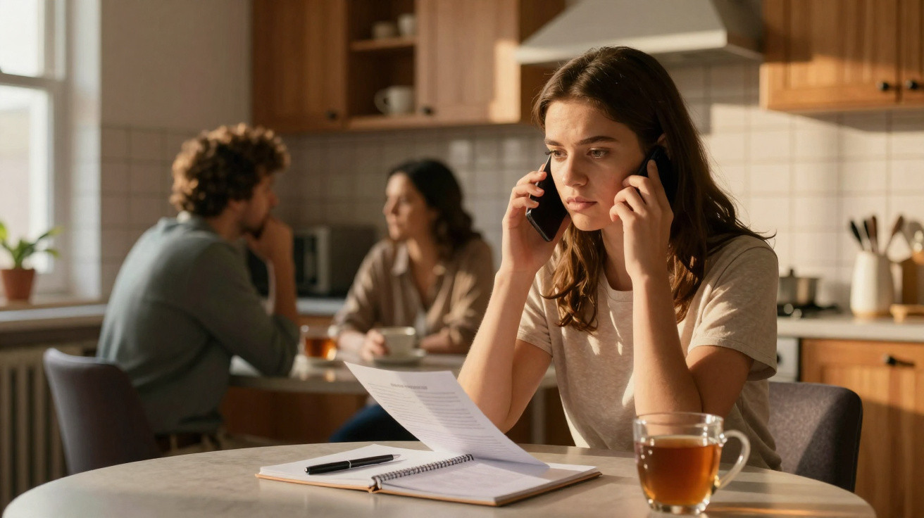 Mulher preocupada ao telefone a analisar documentos numa mesa com chá, casal ao fundo numa cozinha.