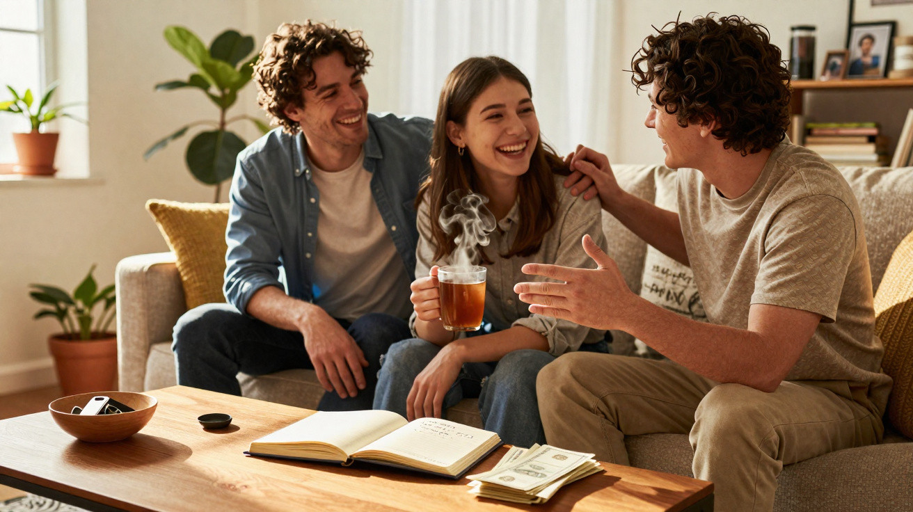 Três amigos sorridentes sentados num sofá a conversar, com chá quente e objetos pessoais numa mesa de madeira.