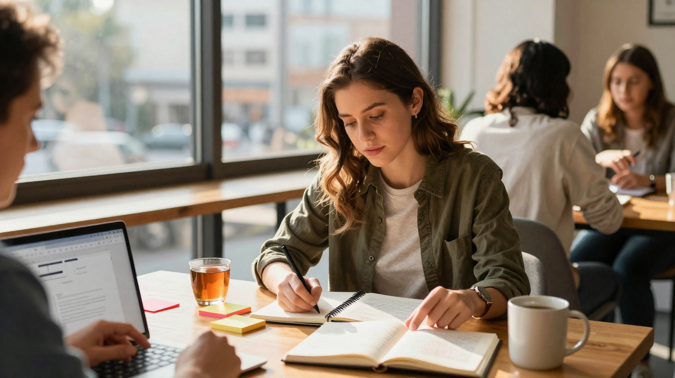 Jovem a estudar e fazer anotações numa mesa com livros, chá e computador num ambiente luminoso.