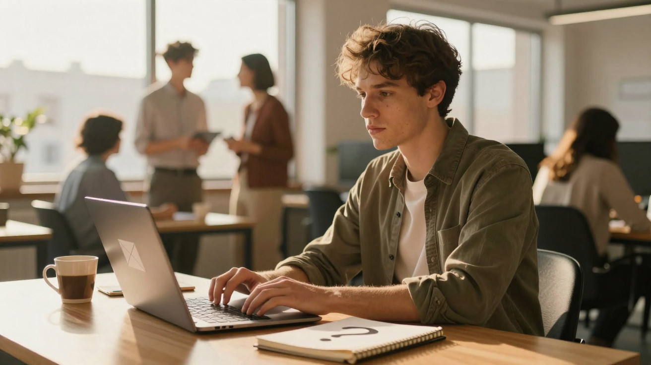 Jovem a trabalhar num portátil num escritório moderno, com colegas a conversar ao fundo e luz natural.