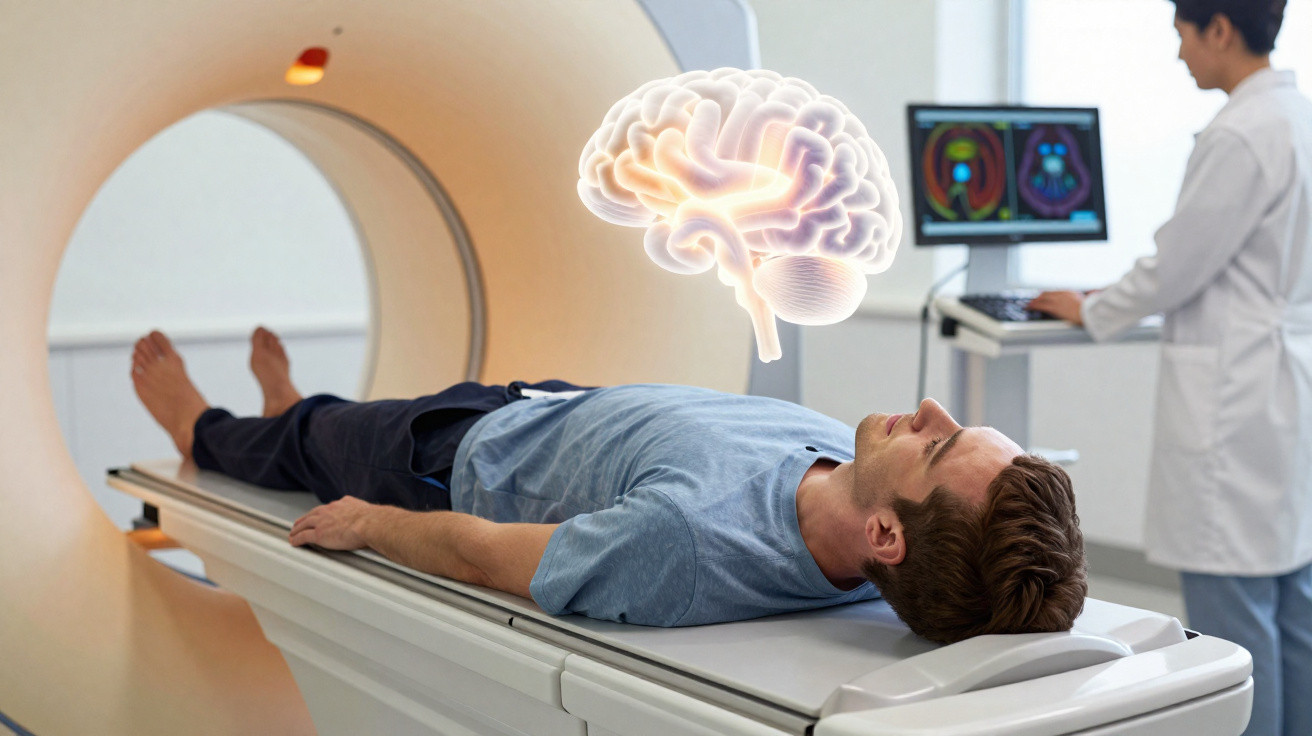 Paciente a realizar uma ressonância magnética cerebral com técnico a operar computador ao fundo.