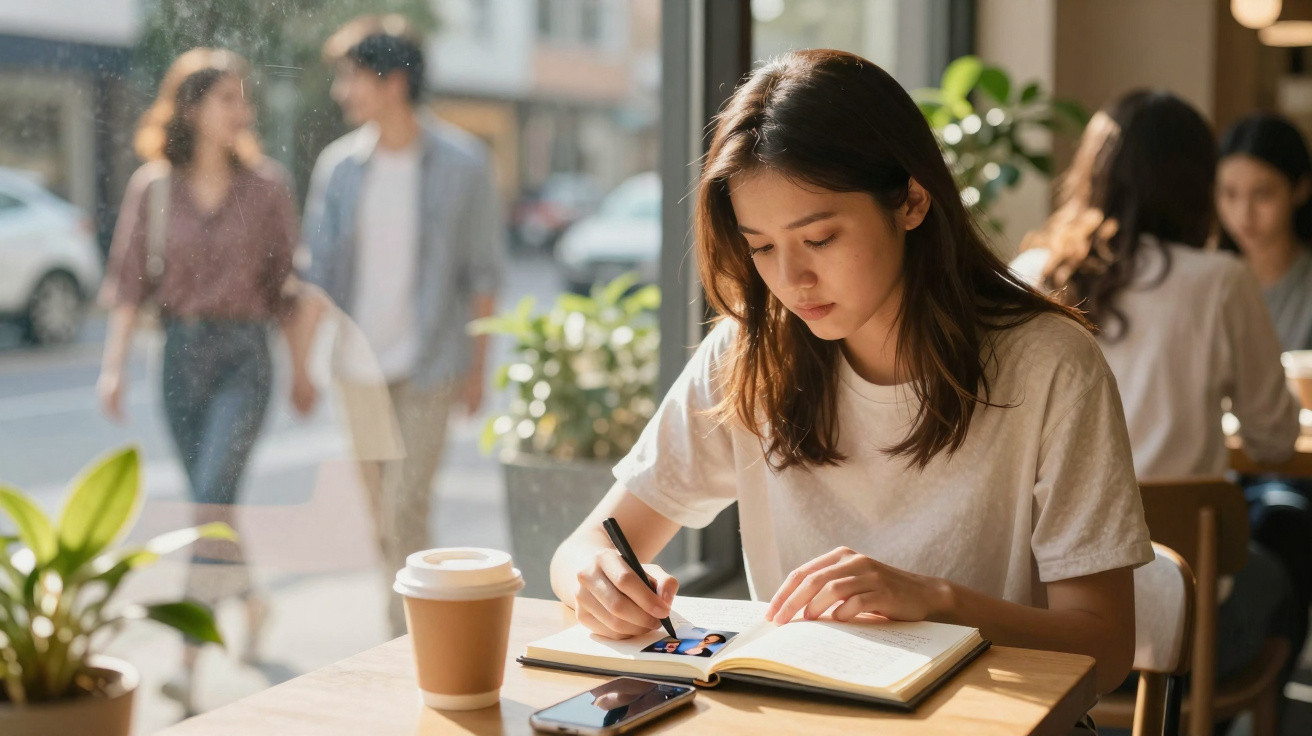 Jovem sentada a escrever num caderno numa cafeteria, com smartphone e café na mesa, luz natural pela janela.