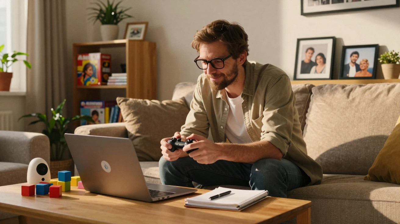 Homem sentado no sofá a jogar videojogos no computador portátil com comando nas mãos.