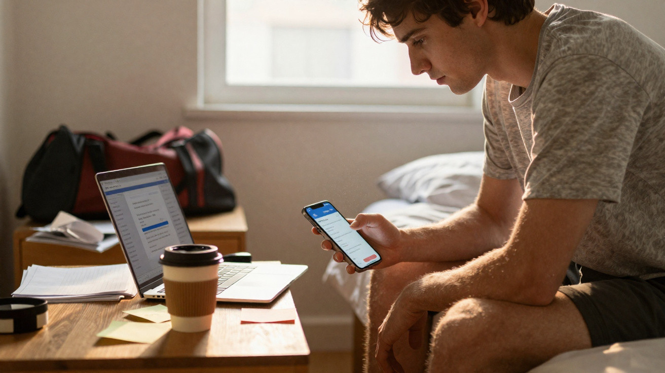 Homem sentado em cama a usar telemóvel, com portátil, caderno e café numa secretária em quarto iluminado.