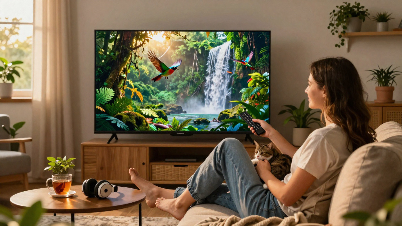 Mulher sentada no sofá a ver televisão com imagem de floresta e cascata, segurando um gato no colo.