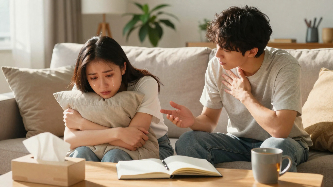 Mulher triste com lágrimas no sofá abraçando almofada e homem a tentar consolá-la numa sala iluminada.