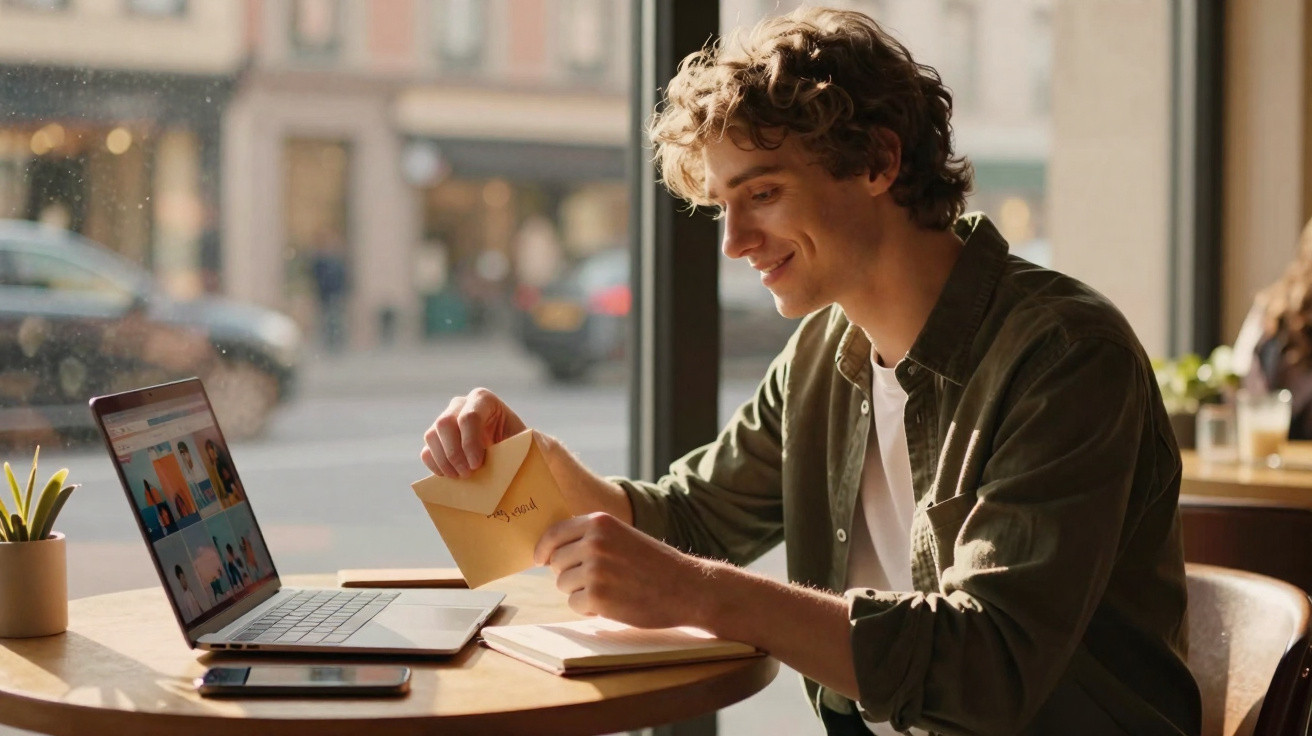 Homem sentado numa mesa de café com portátil, sorrindo enquanto abre um envelope amarelo.