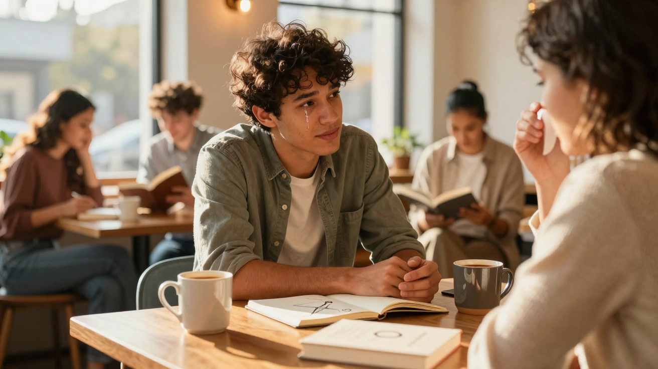 Jovem com lágrima no rosto conversa seriamente com outra pessoa num café iluminado e acolhedor.