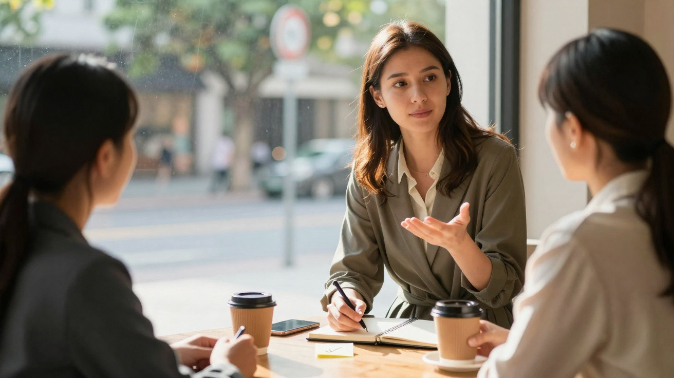 Três mulheres sentadas à mesa em conversa, com cadernos e copos de café em ambiente claro.