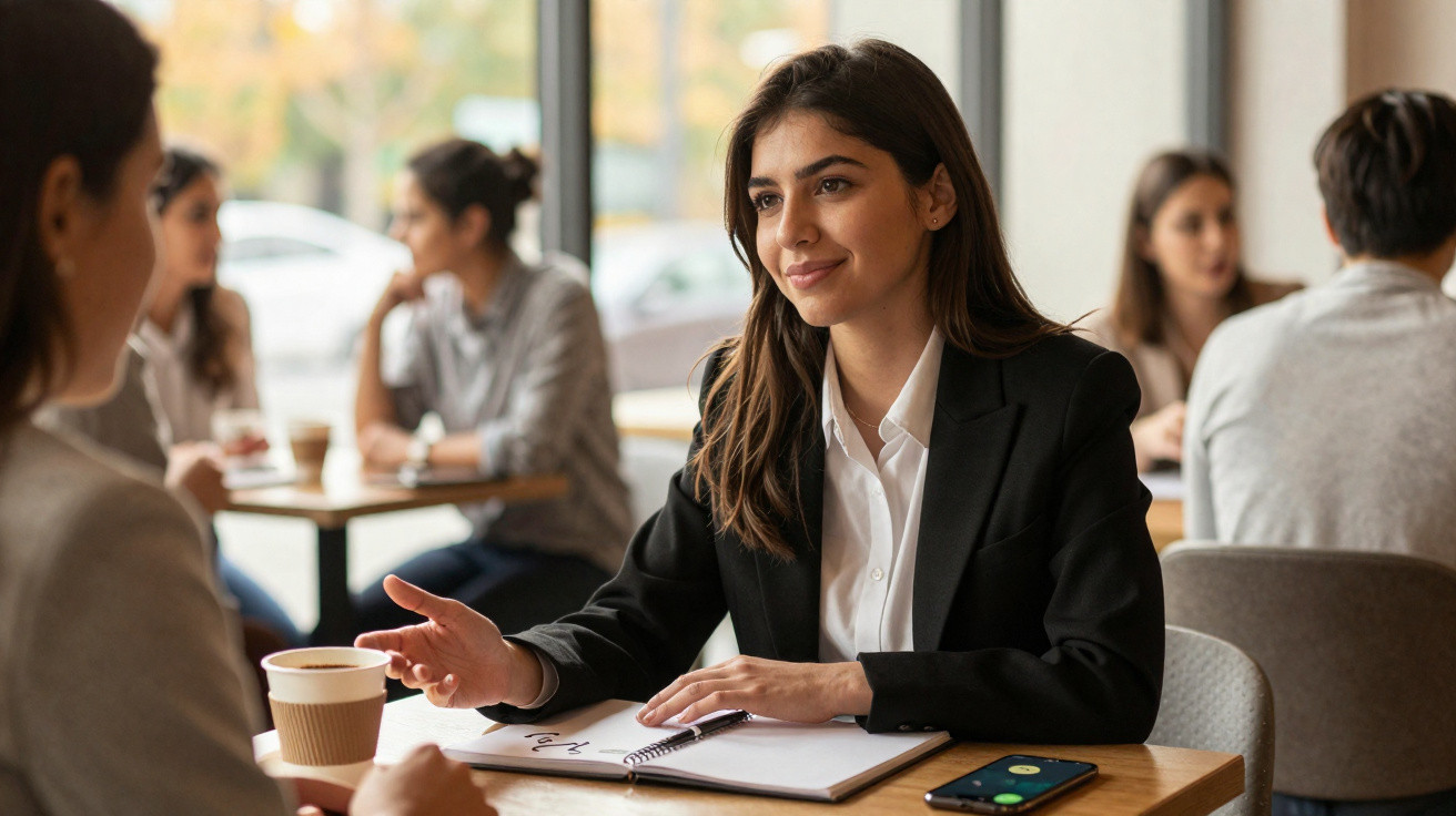 Mulher com blazer preto sorri enquanto conversa com outra pessoa numa mesa de café, com caderno e smartphone à frente.