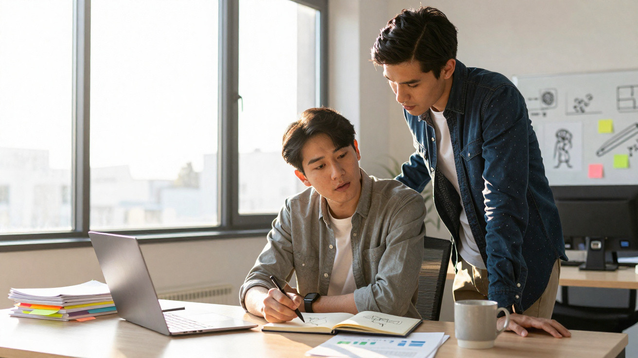 Dois homens jovens colaboram num projeto, um sentado a escrever num caderno e o outro a observar.