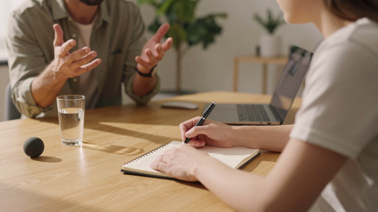 Duas pessoas numa reunião, uma a escrever num caderno e outra a gesticular com as mãos numa mesa com laptop.