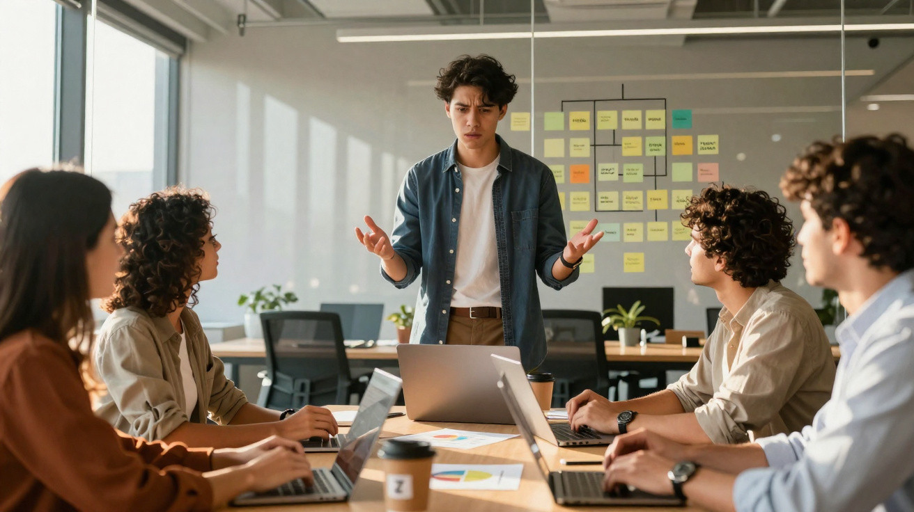 Jovem apresenta ideias a colegas numa reunião de trabalho com laptops e notas na mesa.