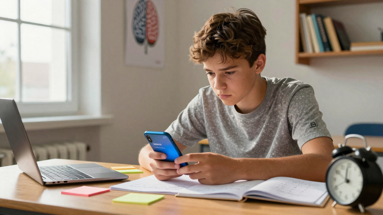 Jovem concentrado a usar telemóvel sentado à secretária com caderno, laptop e relógio despertador, em ambiente de estudo.