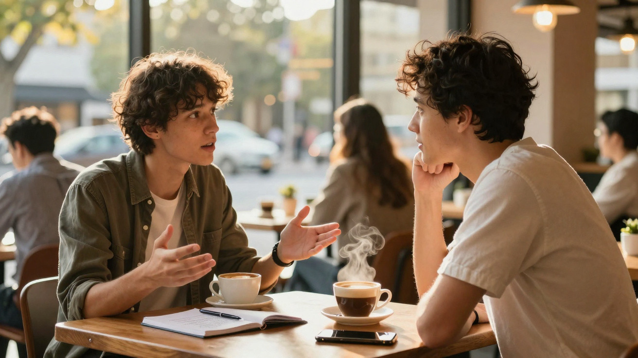 Dois jovens conversam animadamente numa cafetaria com chávenas de café à frente.