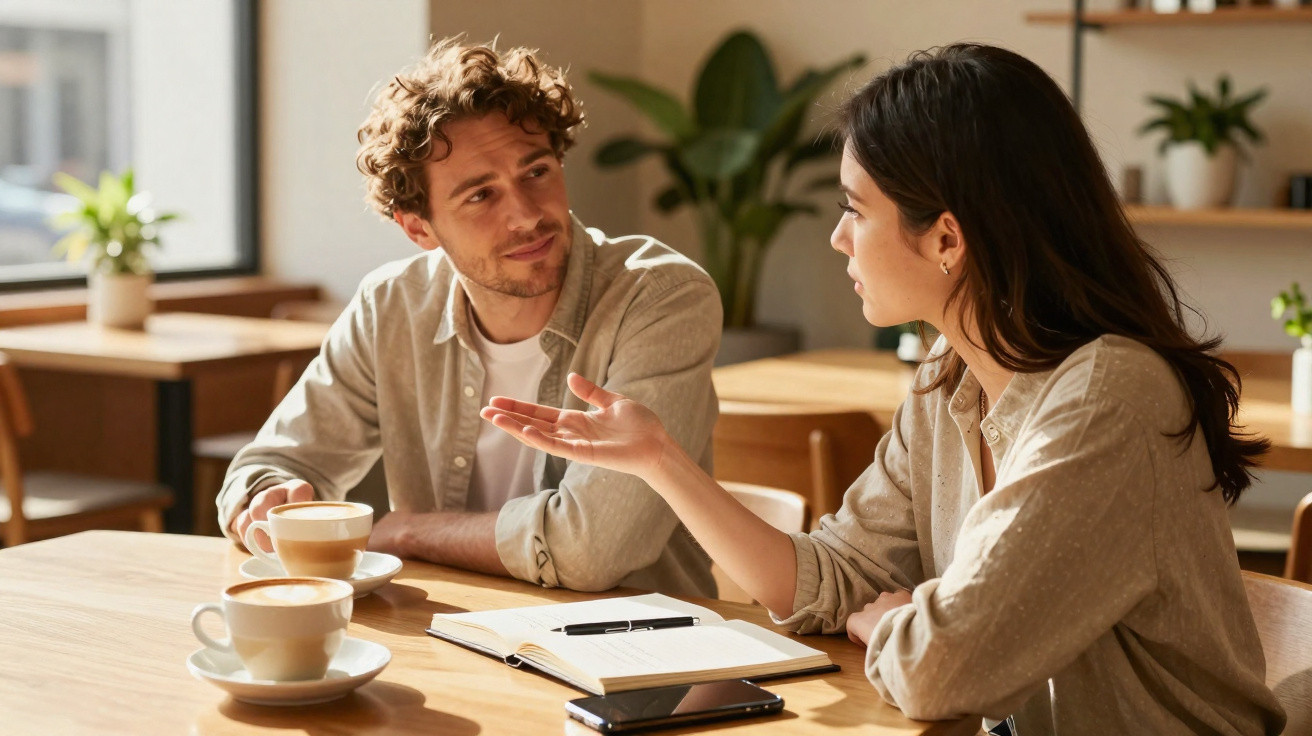 Duas pessoas a conversar num café com café e caderno sobre a mesa em ambiente acolhedor.