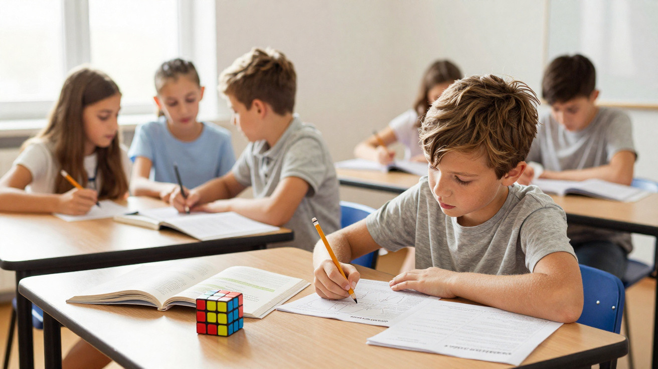Crianças numa sala de aula a escrever e estudar sentadas em carteiras com cadernos e um cubo mágico.