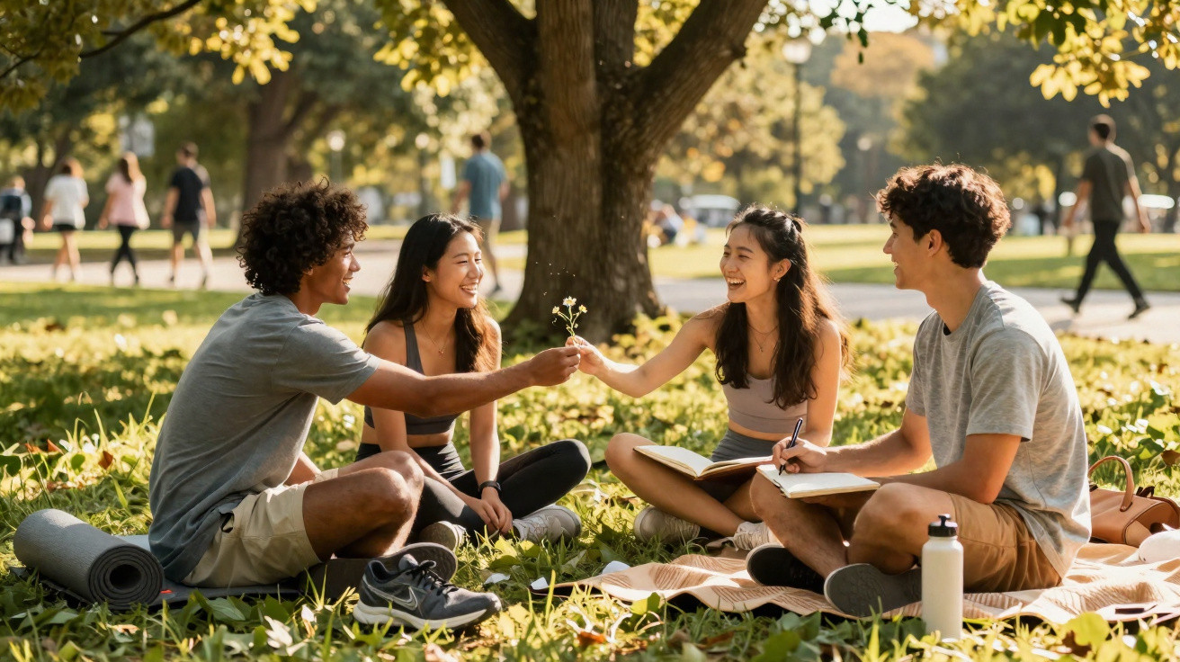Quatro jovens sentados na relva num parque, a sorrir e partilhar flores num dia ensolarado.