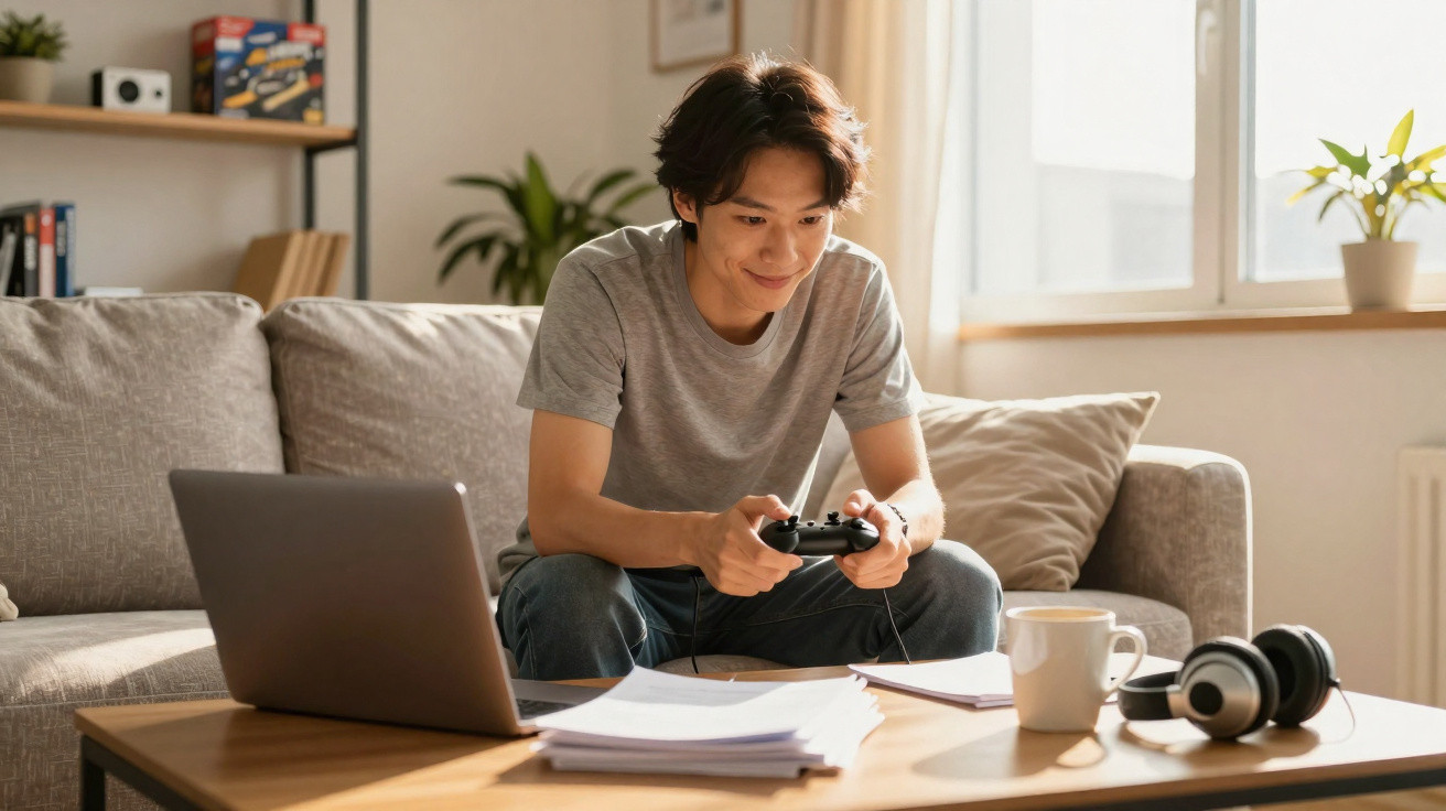 Jovem sentado no sofá a jogar videojogos com comando, perto de portátil, papéis, chávena e auscultadores.