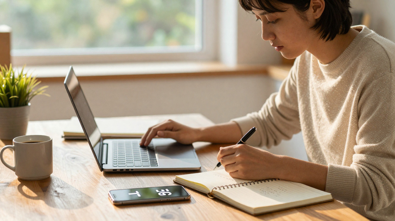 Mulher jovem escreve num caderno ao lado de computador portátil num ambiente iluminado e tranquilo.
