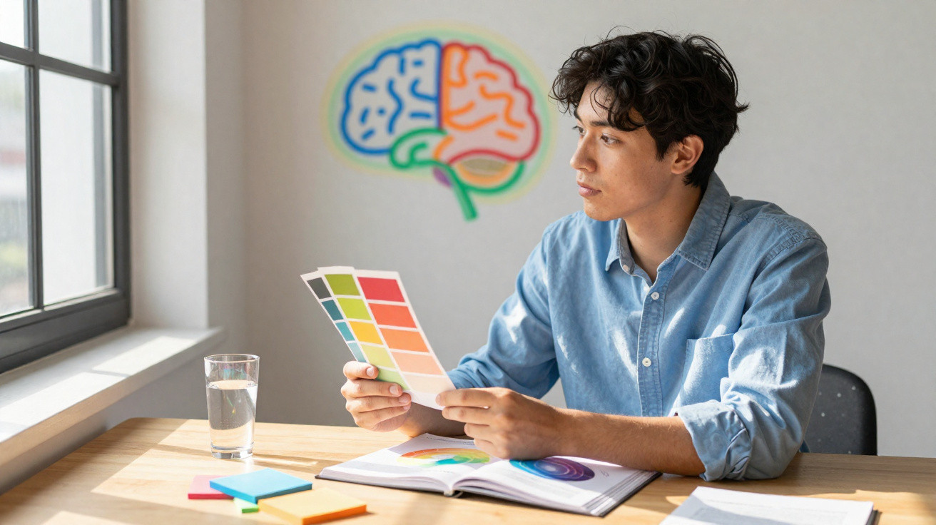 Homem sentado à mesa, a analisar amostras de cores junto a um cérebro desenhado na parede.